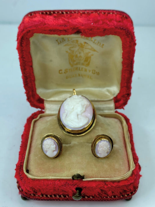 Art Deco 14K gold hand carved seashell Victoria grace matching set in box JR976