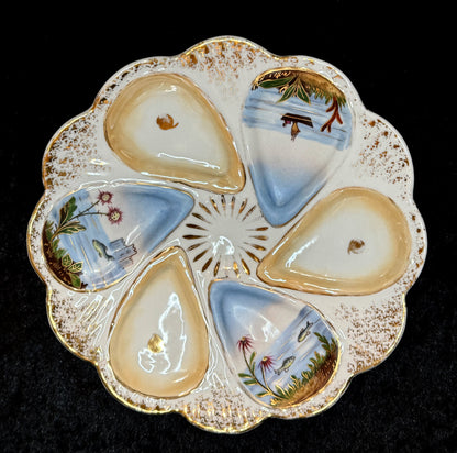 Vintage Hand Painted Porcelain Scenic Oyster Plate Gilt Rim 8.5” A931