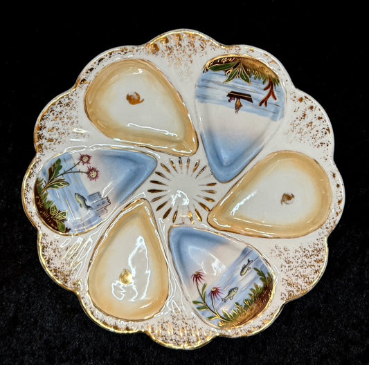 Vintage Hand Painted Porcelain Scenic Oyster Plate Gilt Rim 8.5” A931