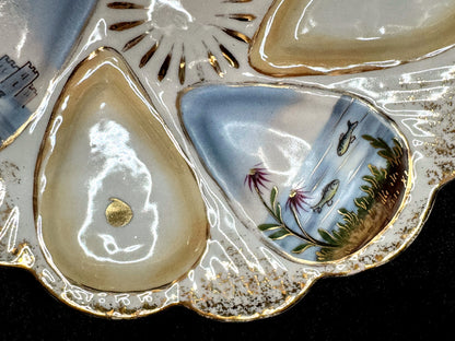 Vintage Hand Painted Porcelain Scenic Oyster Plate Gilt Rim 8.5” A931
