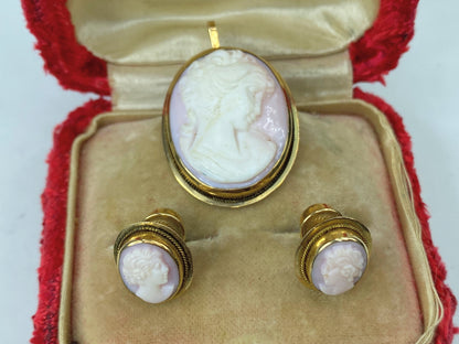 Art Deco 14K gold hand carved seashell Victoria grace matching set in box JR976