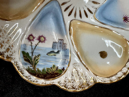 Vintage Hand Painted Porcelain Scenic Oyster Plate Gilt Rim 8.5” A931