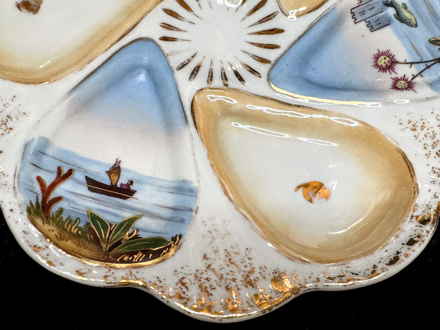 Vintage Hand Painted Porcelain Scenic Oyster Plate Gilt Rim 8.5” A931