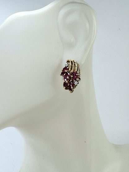 14K Yellow Gold Red Ruby & Diamond Cluster Pierced Earrings JR9398