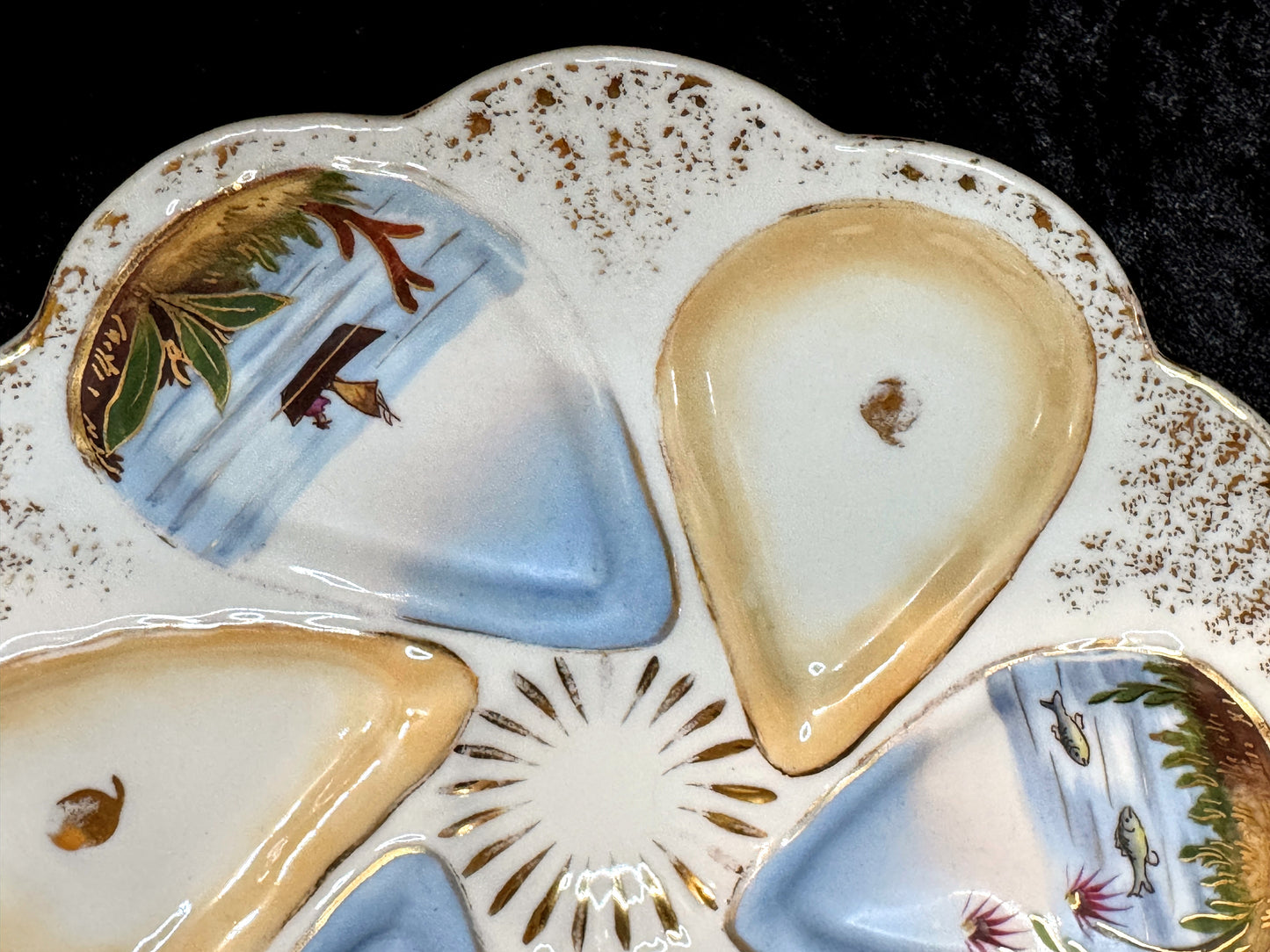 Vintage Hand Painted Porcelain Scenic Oyster Plate Gilt Rim 8.5” A931