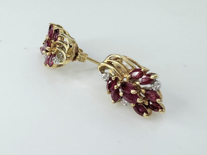 14K Yellow Gold Red Ruby & Diamond Cluster Pierced Earrings JR9398