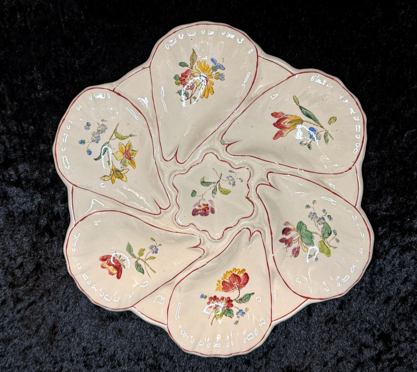 Antique French Longchamp Majolica Oyster Plate Beige Floral 9.75" A932