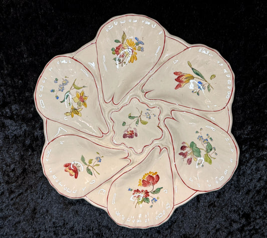 Antique French Longchamp Majolica Oyster Plate Beige Floral 9.75" A932