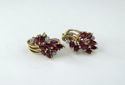 14K Yellow Gold Red Ruby & Diamond Cluster Pierced Earrings JR9398