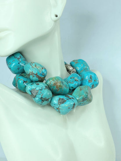 Turquoise Nugget Sterling Silver Necklace - Handmade Native American 24" JR977