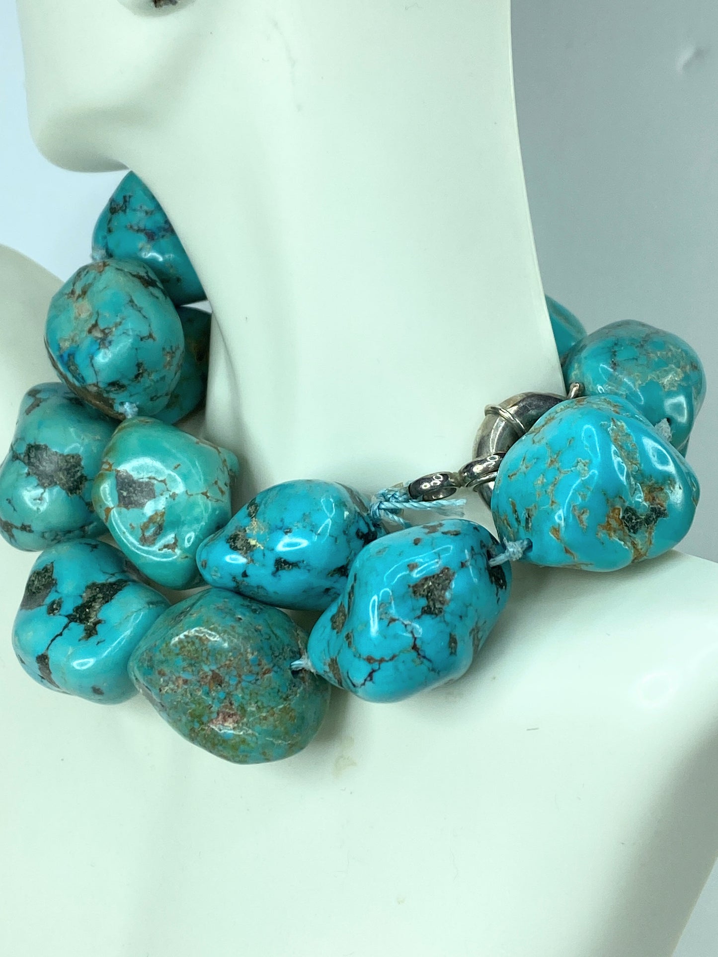 Turquoise Nugget Sterling Silver Necklace - Handmade Native American 24" JR977