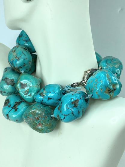 Turquoise Nugget Sterling Silver Necklace - Handmade Native American 24" JR977