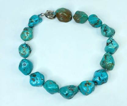 Turquoise Nugget Sterling Silver Necklace - Handmade Native American 24" JR977