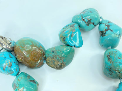 Turquoise Nugget Sterling Silver Necklace - Handmade Native American 24" JR977