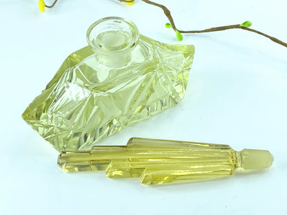 c1950's Art Glass yellow transparent crystal perfume glass bottle 6 1/4"