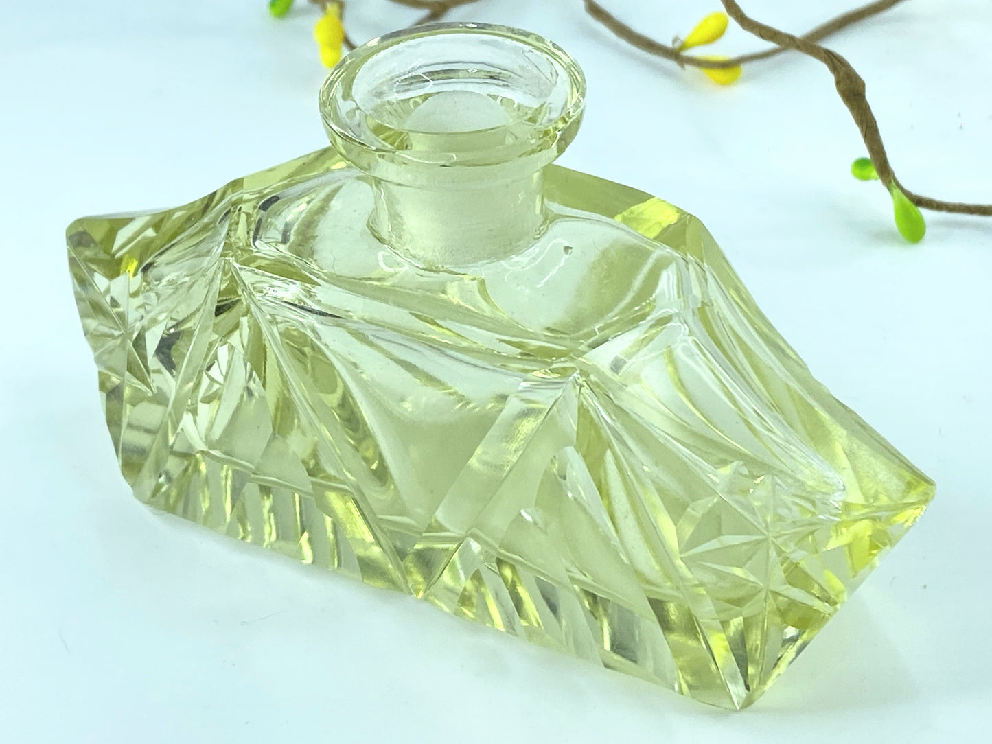 c1950's Art Glass yellow transparent crystal perfume glass bottle 6 1/4"