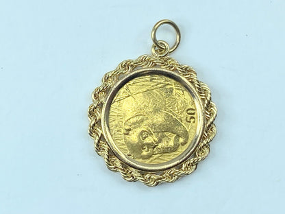 2001's 50 yuen 1/10oz Panda gold coin in 14K rope link bezel pendant 5.4g JR9173