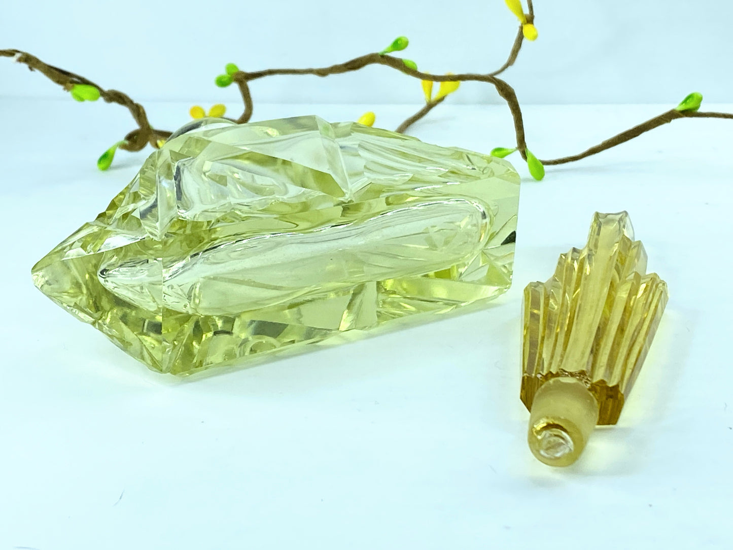 c1950's Art Glass yellow transparent crystal perfume glass bottle 6 1/4"