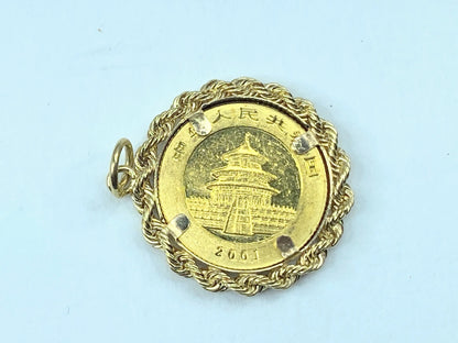 2001's 50 yuen 1/10oz Panda gold coin in 14K rope link bezel pendant 5.4g JR9173