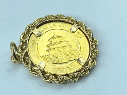 2001's 50 yuen 1/10oz Panda gold coin in 14K rope link bezel pendant 5.4g JR9173