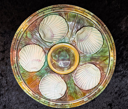 Antique French Fives Lille Majolica Turquoise Clam Shell Oyster Plate 9.75" A935