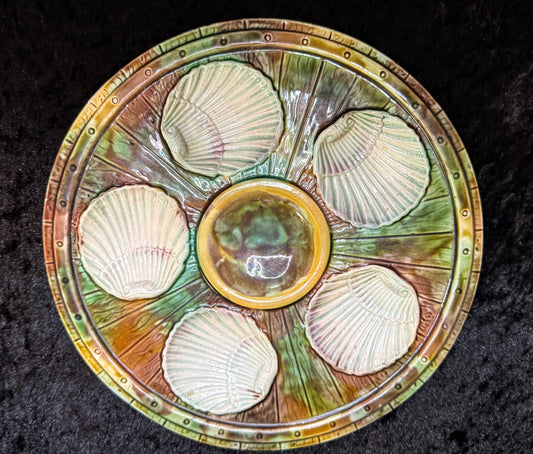 Antique French Fives Lille Majolica Turquoise Clam Shell Oyster Plate 9.75" A935