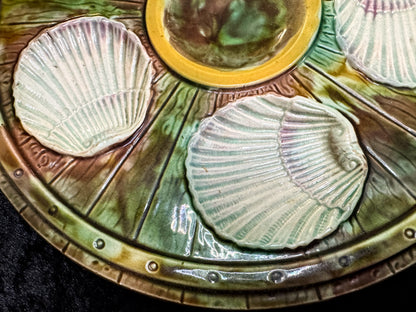 Antique French Fives Lille Majolica Turquoise Clam Shell Oyster Plate 9.75" A935