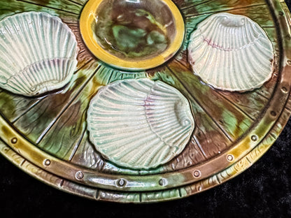 Antique French Fives Lille Majolica Turquoise Clam Shell Oyster Plate 9.75" A935