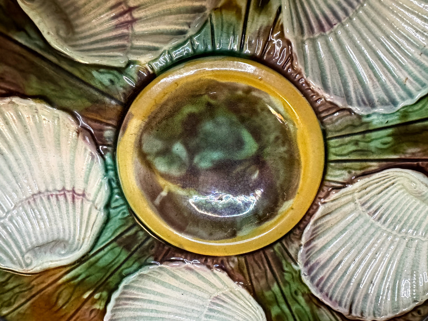 Antique French Fives Lille Majolica Turquoise Clam Shell Oyster Plate 9.75" A935