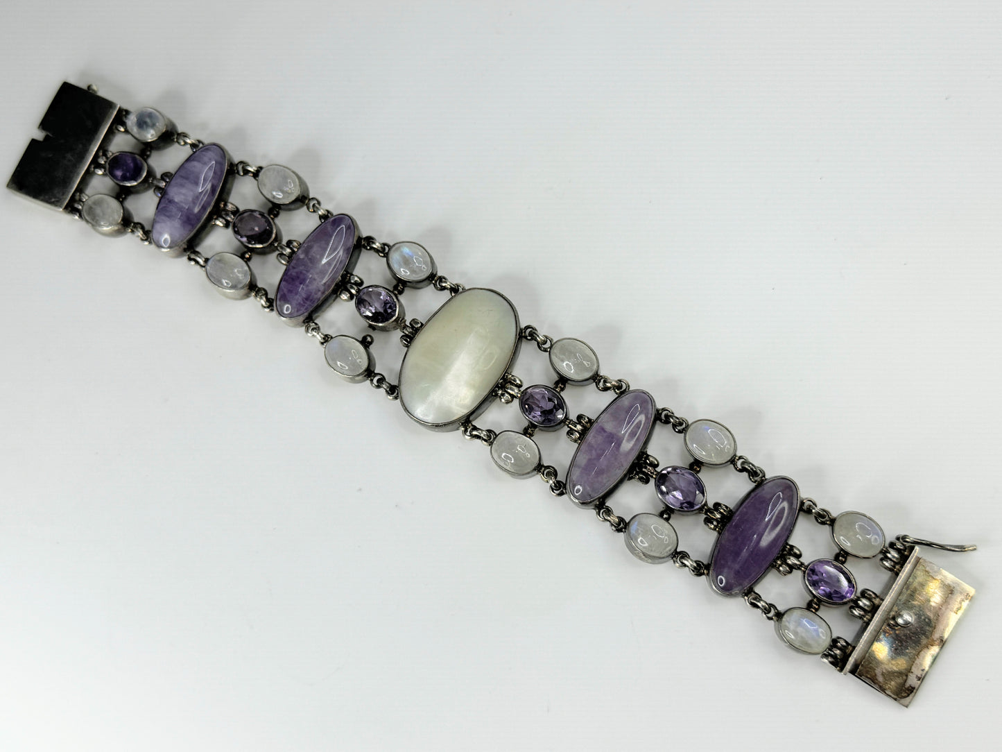 Sterling Silver Amethyst Rainbow Moonstone MOP bracelet 7.5" 67.5g JR9585