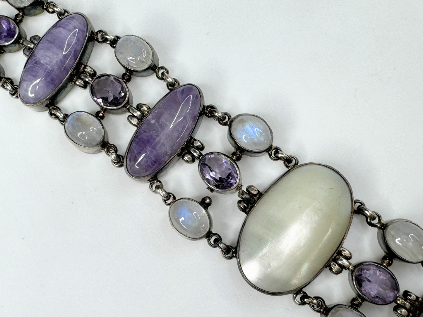 Sterling Silver Amethyst Rainbow Moonstone MOP bracelet 7.5" 67.5g JR9585