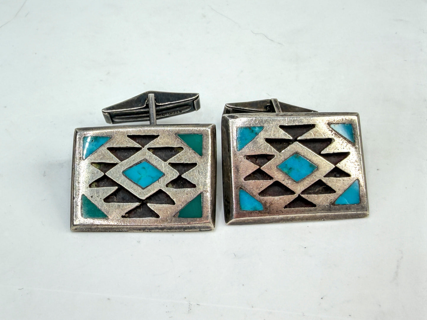 Vintage Navajo Diné Sterling Silver Turquoise Inlay Cufflinks SS276