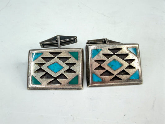 Vintage Navajo Diné Sterling Silver Turquoise Inlay Cufflinks SS276