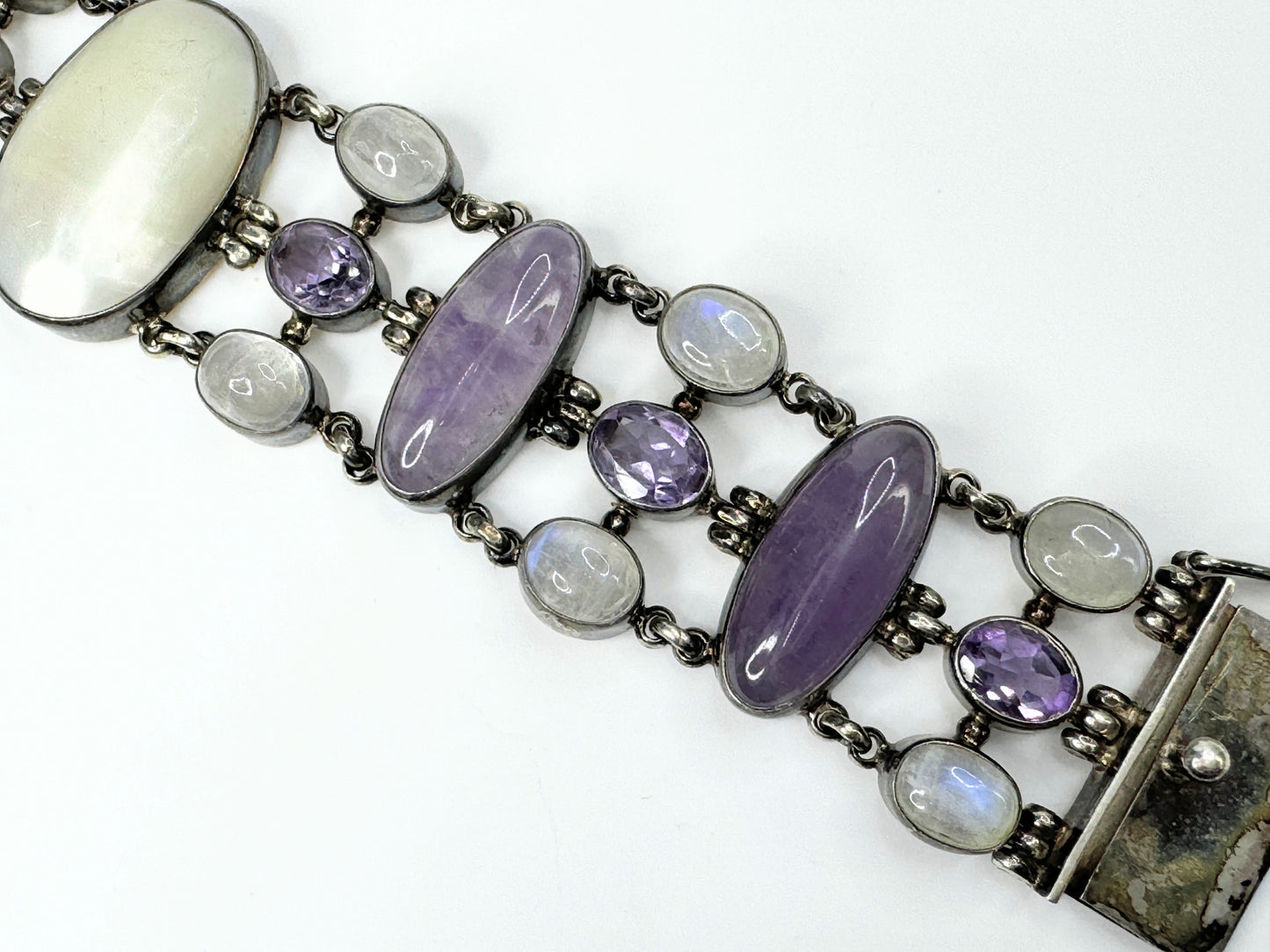 Sterling Silver Amethyst Rainbow Moonstone MOP bracelet 7.5" 67.5g JR9585