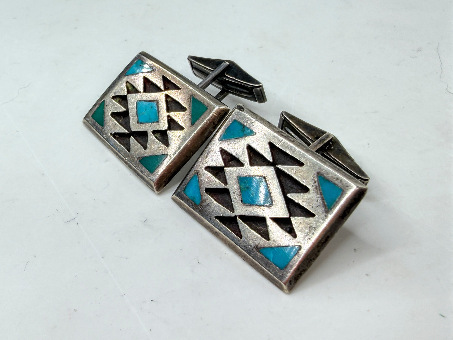 Vintage Navajo Diné Sterling Silver Turquoise Inlay Cufflinks SS276