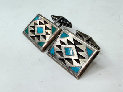 Vintage Navajo Diné Sterling Silver Turquoise Inlay Cufflinks SS276