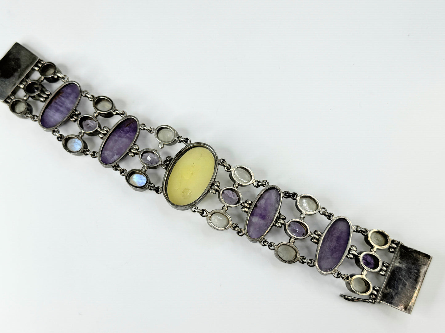 Sterling Silver Amethyst Rainbow Moonstone MOP bracelet 7.5" 67.5g JR9585