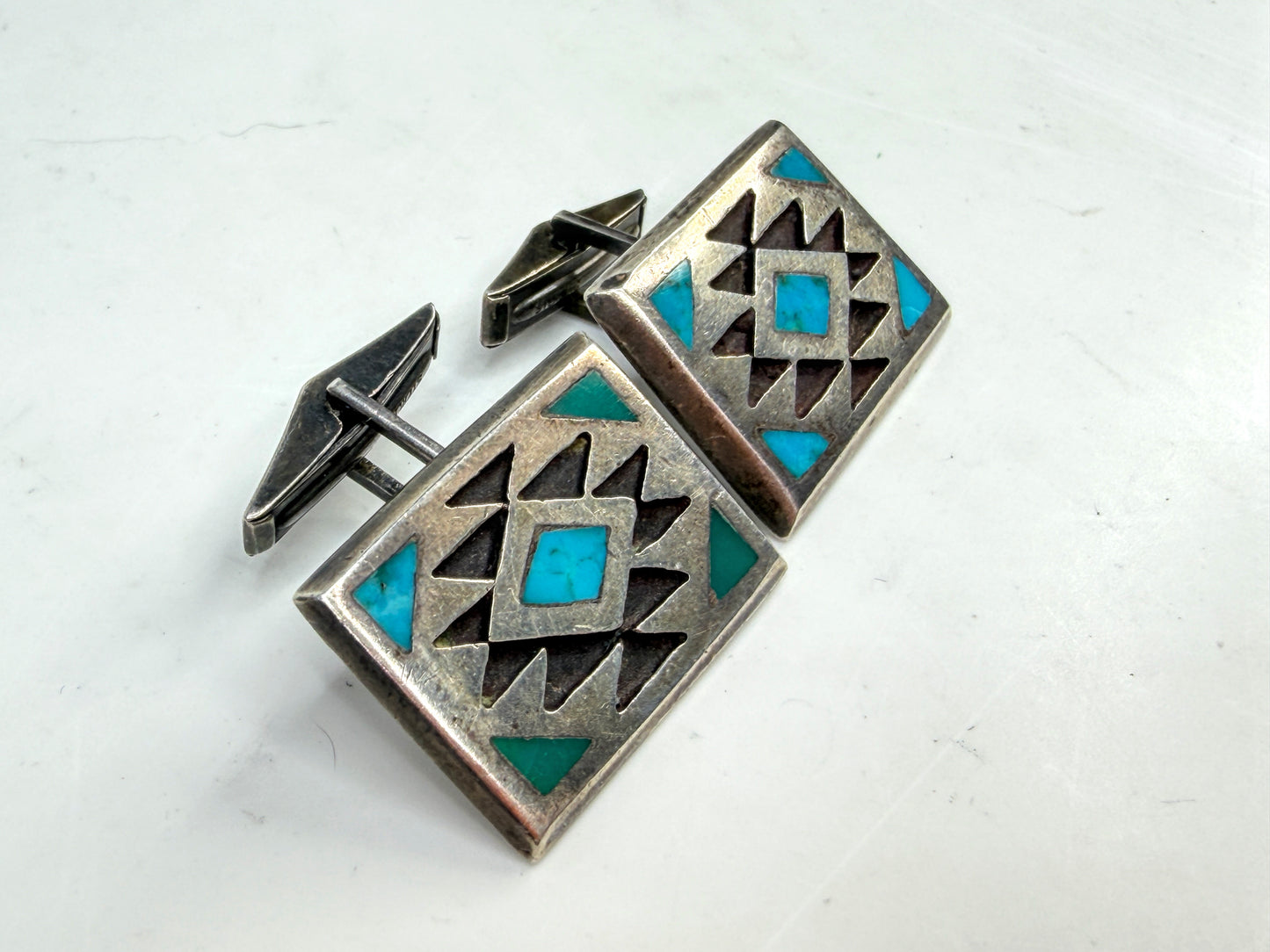 Vintage Navajo Diné Sterling Silver Turquoise Inlay Cufflinks SS276