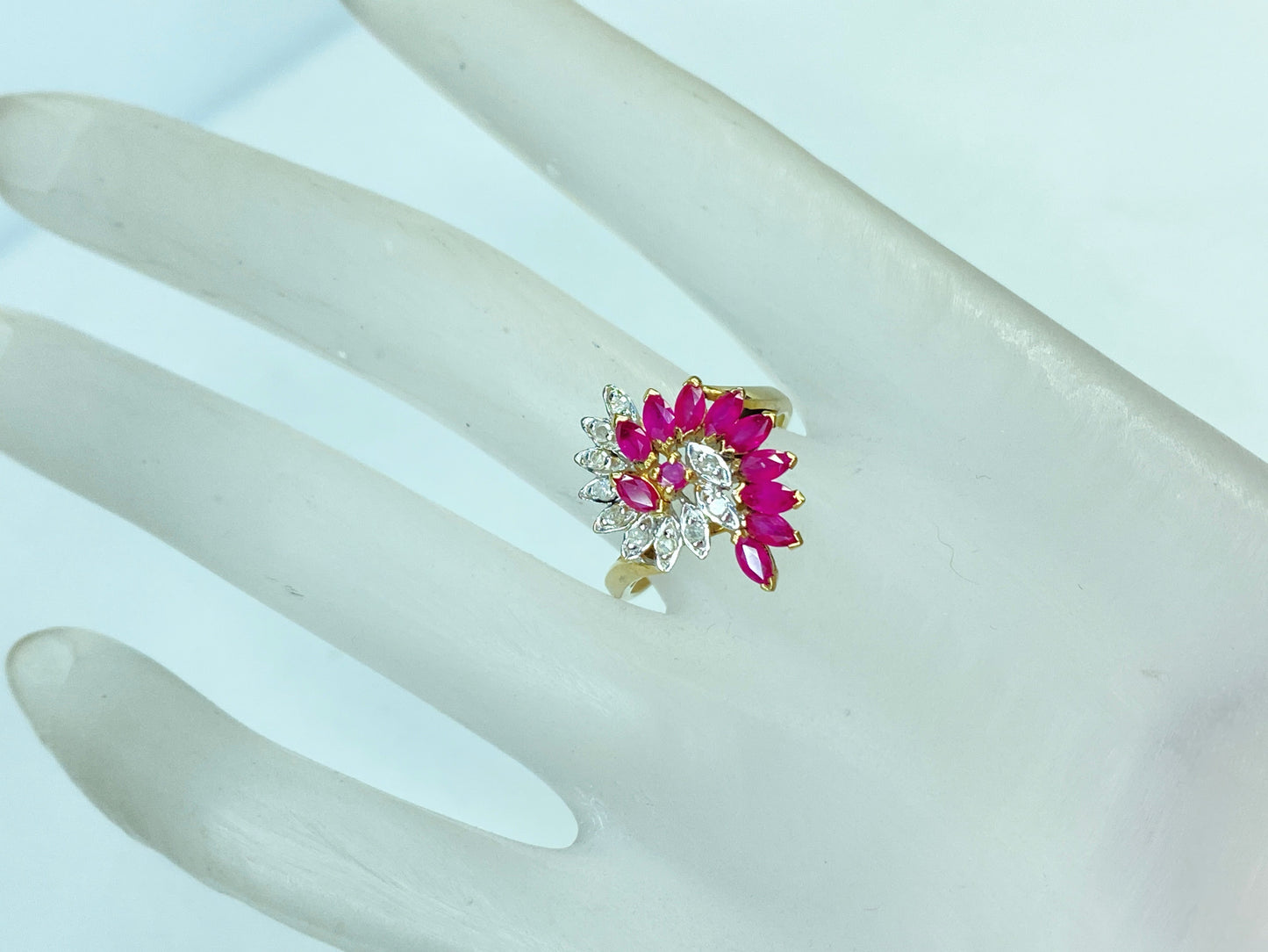 10K yellow gold marquise Ruby Diamond statement ring 4.4g s8 JR981