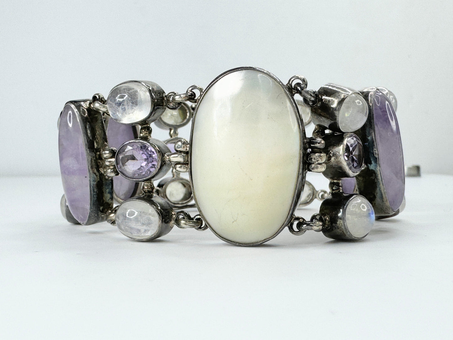 Sterling Silver Amethyst Rainbow Moonstone MOP bracelet 7.5" 67.5g JR9585