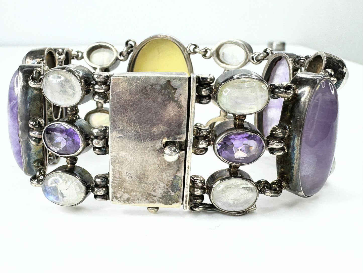 Sterling Silver Amethyst Rainbow Moonstone MOP bracelet 7.5" 67.5g JR9585