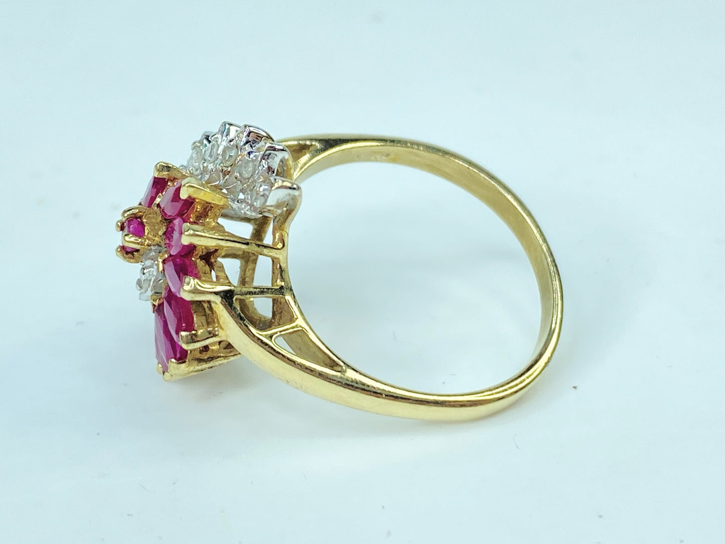 10K yellow gold marquise Ruby Diamond statement ring 4.4g s8 JR981
