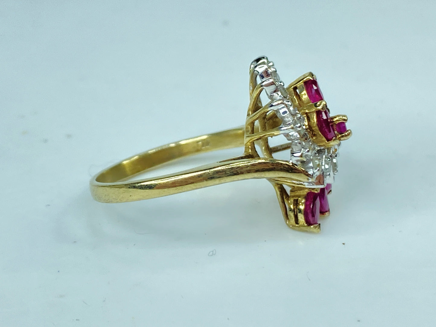 10K yellow gold marquise Ruby Diamond statement ring 4.4g s8 JR981