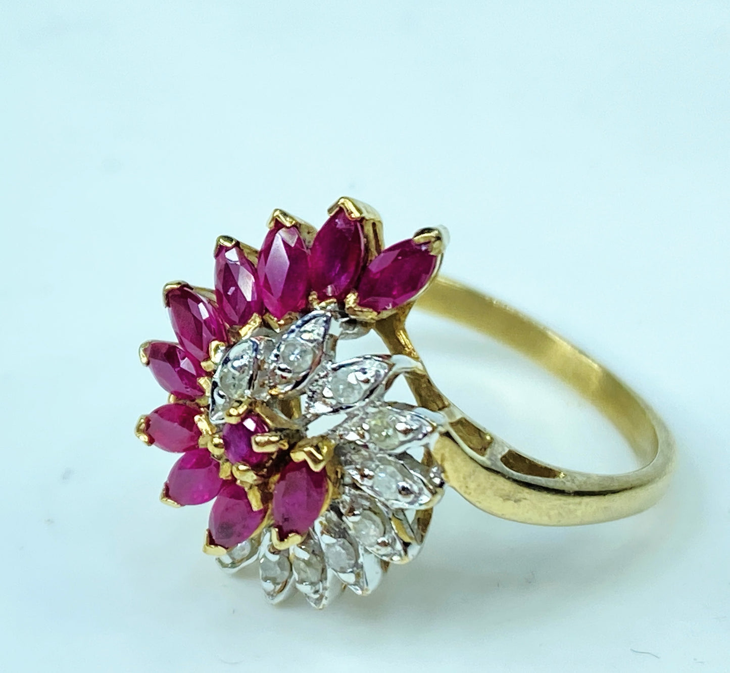 10K yellow gold marquise Ruby Diamond statement ring 4.4g s8 JR981