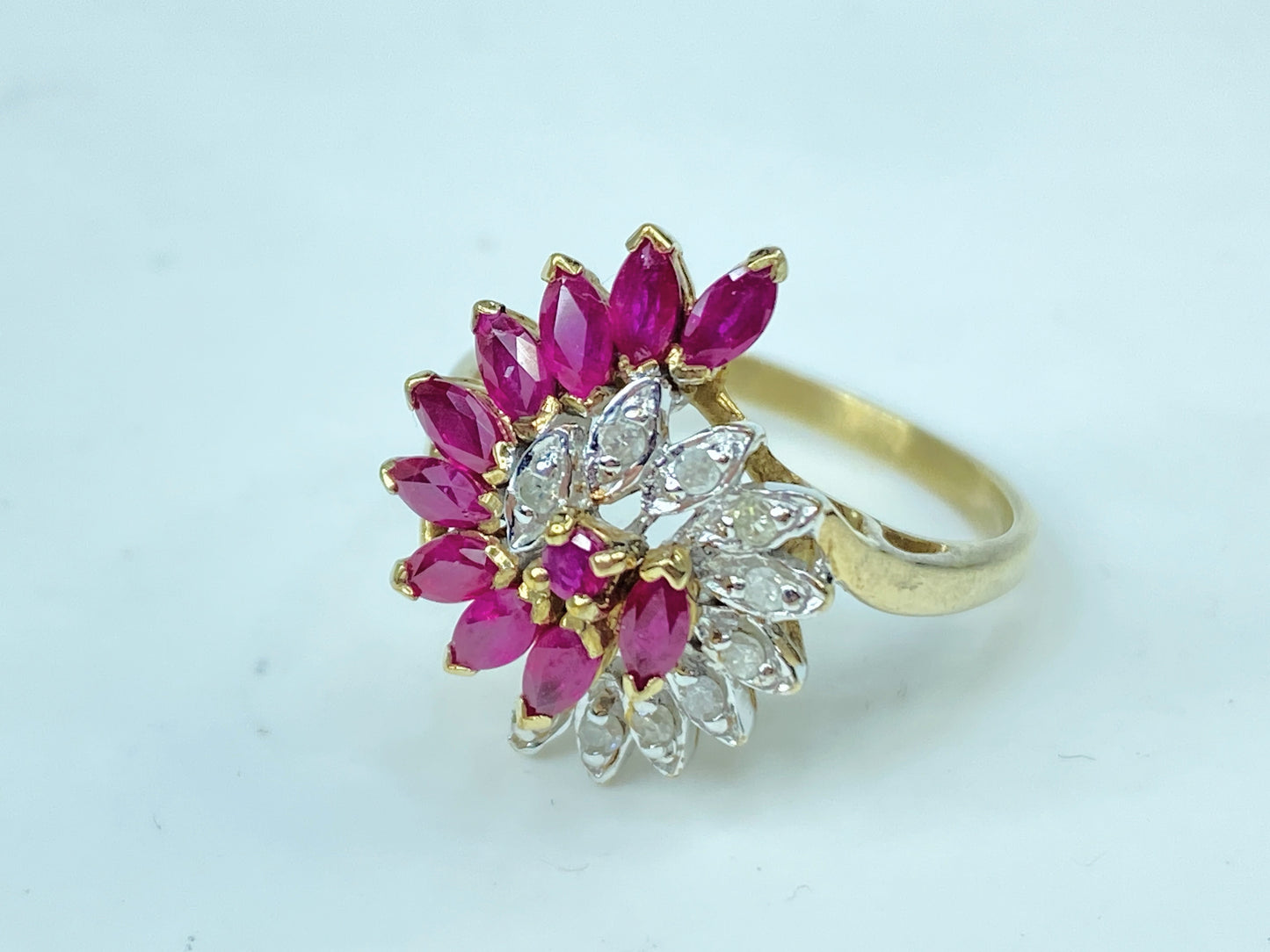 10K yellow gold marquise Ruby Diamond statement ring 4.4g s8 JR981