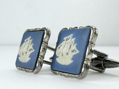 Pair of Wedgwood Blue Peter motif silver tone metal cufflinks 14.7g JR9408