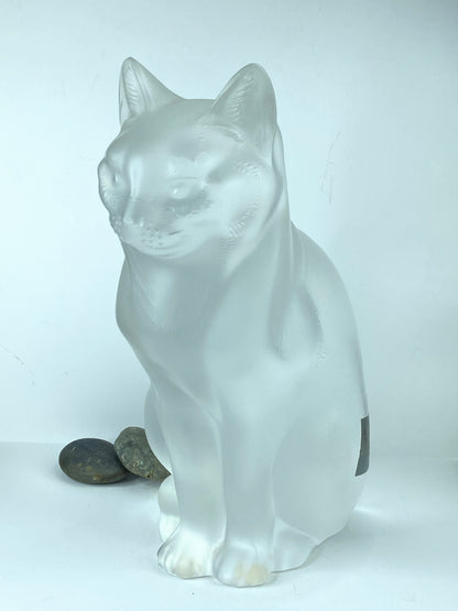 French Lalique Frosted Glass Statuette of a Seated Cat Chat Assis, 1970s 8.25"