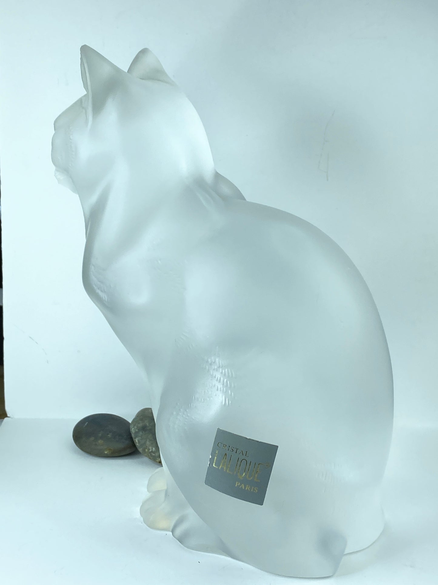 French Lalique Frosted Glass Statuette of a Seated Cat Chat Assis, 1970s 8.25"