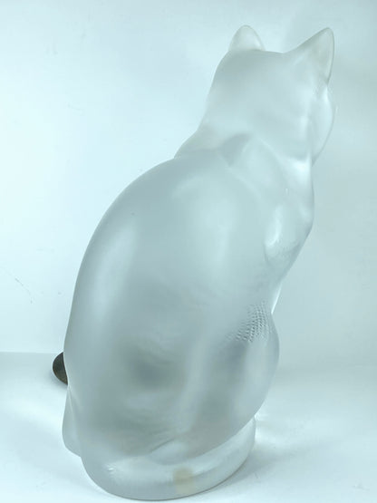 French Lalique Frosted Glass Statuette of a Seated Cat Chat Assis, 1970s 8.25"