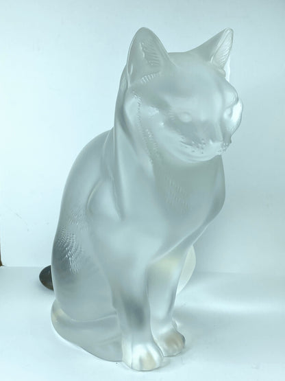 French Lalique Frosted Glass Statuette of a Seated Cat Chat Assis, 1970s 8.25"